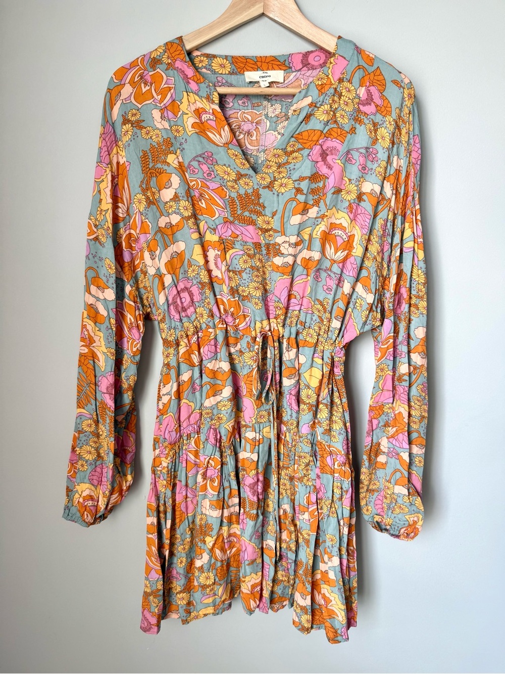 Entro Groovy Retro 70s Style Floral Drawstring Waist Long Sleeve Mini Dress
